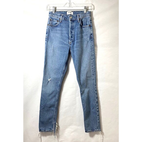 Agolde Nico Slim High Rise Jeans Womens Size 25 Blue Distressed Slits Button Fly - Picture 4 of 16